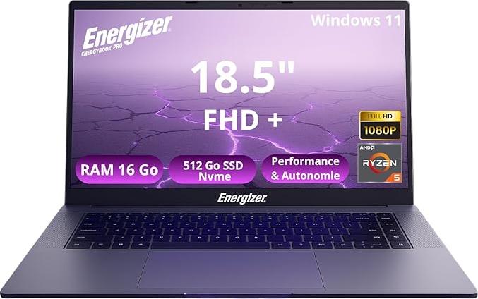Energizer Energybook Pro 18.5 – 18,5’’ FHD IPS, AMD Ryzen 5 3.7 Ghz, 16Go RAM, 512 SSD Nvme, Ryzen, Vega 8, Grande autonomie 6000Mah, AZERTY (Français)