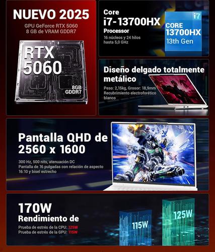 Gaming Laptop, 16"' QHD 300Hz (2560x1600) 2.5K, Core i7-13700HX, RTX 5060, 16GB DDR5 RAM, 1TB PCIe 4.0 SSD, 500nits, Wi-Fi 6E, BT5.3,Metal, Backlit, White, For Gamers & Content Creators