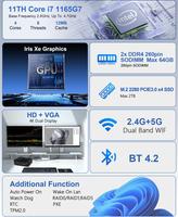 Core i7 1165G7 Fanless Mini PC, i7 Industrial PC, i225 2.5Gbe Lan, Win 11 Pro, 32GB RAM 512GB SSD, GPIO, HD, VGA, 6 RS232 COM, SIM Slot, Dual Band WiFi, BT4.0, Linux Mini Computer