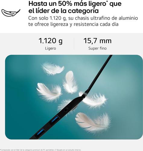 LG gram 14Z90T-G.AD8BB 14 Pulgadas Intel Core Ultra7 255H, 32 GB RAM, 2TB SSD, Panel IPS Antirreflejo, WUXGA, 1.120 g, 30 Horas, Windows 11 Home, Negro, Teclado QWERTY Español