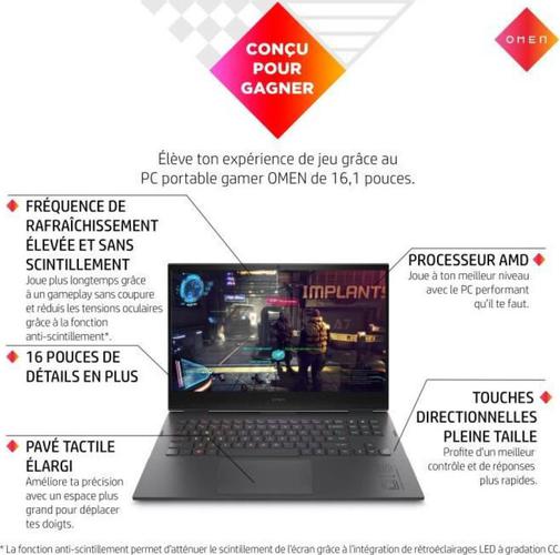 Hp Gamer Omen by HP 16-n0007nf 16 QHD 165 Hz Ryzen 9-6900HX 32Go 1To SSD RTX 3070Ti 8Go Windows 11 AZER