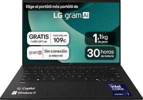 LG gram 14Z90T-G.AD8BB 14 Pulgadas Intel Core Ultra7 255H, 32 GB RAM, 2TB SSD, Panel IPS Antirreflejo, WUXGA, 1.120 g, 30 Horas, Windows 11 Home, Negro, Teclado QWERTY Español