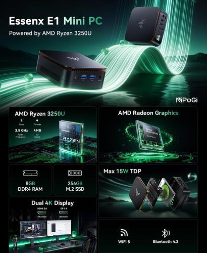 NiPoGi Essenx E1 Mini AΜD Ryzen 3250U W11 Pro(2C/4T,Max 3,5GHz,Mieux Que 3200U/N100) 8Go DDR4 RAM+256Go SSD,4K Dual Display(HDMI 2.0+DP1.4) WiFi5/BT4.2/LAN,Ordinateur de Bureau Éducation