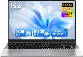 FUNYET Laptop, 2026 15,6 Pouces, 16 Go de RAM, SSD de 512 Go, processeur Core M3-6Y30, écran IPS FHD 1920 x 1080, Ouverture à 180°,5000 mAh, Emplacement pour Carte TF