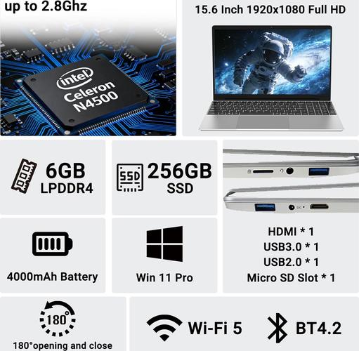 Breloom de 15.6 Pulgadas para Negocios, con Procesador Celeron N4500, 6GB de RAM DDR4, 128GB SSD, Pantalla FHD 1920x1080, Wi-Fi 5, BT5.0 y Teclado QWERTY (N4500, 6GB+256GB)