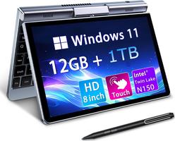 Mini 8" 2-en-1 Tactile, Win 11, N150 (3.6 GHz), 12 Go RAM 1 to SSD, Écran HD Rétroéclairé, Clavier Rétroéclairé, Wi-FI 6, USB-C, Ultra-Léger pour Travail/École/Maison