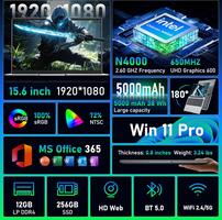 15.6" Win11 Pro avec 12 Go de RAM, SSD 256 Go, MS Office 365, écran 100 % sRGB, processeur N4000, Wi-Fi 5 double bande, Bluetooth 4.2, USB-A, HDMI, écran FHD 1920 x 1080 ()
