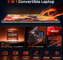 Tablette 10,1 Pouces/Mini-Ordinateur avec Stylet, 12 Go de RAM, SSD 256 Go, processeur Intel Core m3 jusqu'à 3,4 GHz, Win 11 Pro Office 2024, USB-C, Micro HDMI, BT 5.0, Wi-FI 5