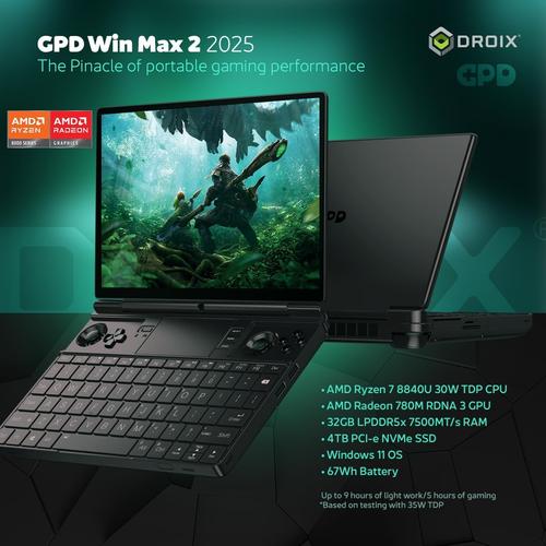 GPD Win Max 2 2025 de Jeu avec AMD Ryzen AI 9 HX 370, Radeon 890M GPU, 32GB de RAM, SSD 2TB, OcuLink, écran IPS