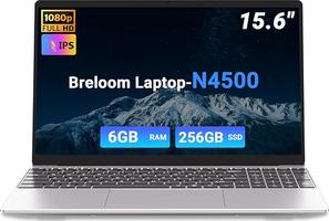 Breloom de 15.6 Pulgadas para Negocios, con Procesador Celeron N4500, 6GB de RAM DDR4, 128GB SSD, Pantalla FHD 1920x1080, Wi-Fi 5, BT5.0 y Teclado QWERTY (N4500, 6GB+256GB)