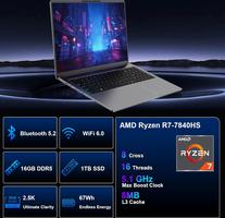 16Go RAM DDR5 1TB SSD 16 Pouces 2.5K 165Hz AMD Ryzen 7840HS Processeur(UP to 5.1Ghz) Gamer Computer avec WiFi6 Bluetooth 5.2 USB 3.1 PD3.0(Film de Clavier Inclus)