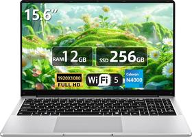 15,6 Pulgadas, Celeron N4000, 12GB RAM 256GB SSD, Pantalla FHD IPS Abatible 180°, Mini HDMI, USB 3.0, WiFi 5, Computadora Delgada para Estudiantes