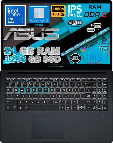 ASUS ExpertBook Intel Core 5 120U 14 Gén 12 Cœurs, RAM 24Go DDR5, SSD 1256 Go