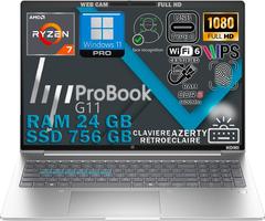 HP PROBOOK 465 G11, Ryzen 7 7735U 4.7Ghz, RAM 24Go DDR5, SSD 756Go, écran 16 FULLHD, WiFi6E, FaceID, Empreinte Digitale, Clavier rétroéclairé, Win11, configuré, AZERTY, Couverture en Aluminium, Slim