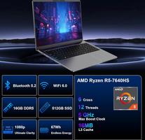 DREAMFYRE 16 Pouces Full HD AMD Ryzen5 7640HS Up to 5 GHz 16 Go RAM DDR5 512GB SSD De Jeu Clavier Rétroéclairé RVB WiFi 6 Bluetooth 5 de Jeu
