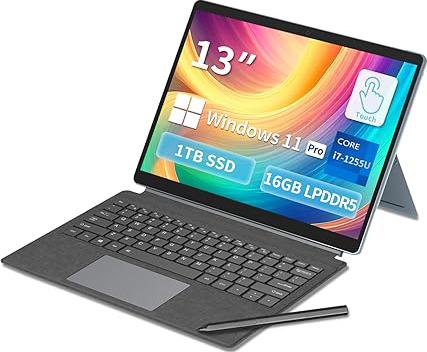13"Ordenador 2 en 1 with I7-1255U CPU,16GB LPDDR5 1TB PCIE SSD,tableta con teclado retroiluminado desmontable, pantalla táctil 2K IPS , WIFI6, reconocimiento de huellas dactilares y lápiz